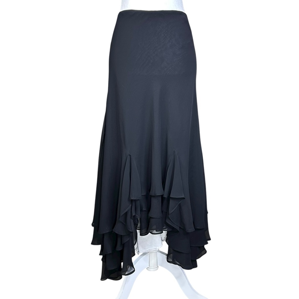 MSK Gothic Black Ruffle Midi/'Maxi Skirt Asymmetrical Tiered Witchy Whimsigoth - Picture 3 of 7